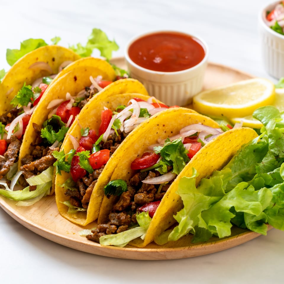 Four La Mesa Modern Mexican tacos with beef, lettuce, tomatoes, onions, and cilantro, with salsa and lemon.