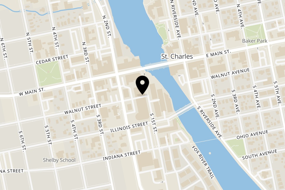 Map showing the location of La Mesa Modern Mexican on 51 S 1st St in St. Charles